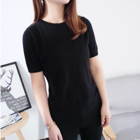 NEW Black Cashmere Crewneck Short Sleeve Top - Picture 5 of 6
